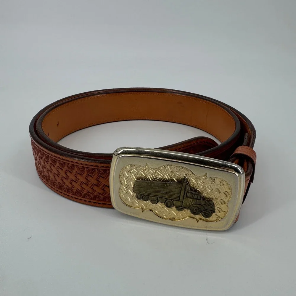 Tom Taylor Mens Brown Tooled Leather Belt Size 38 Silver Gold Semi Truck Buckle